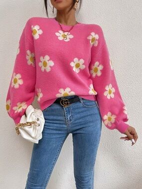 WOMENS CHIC DAISY PATTERN DROP SHOULDER FASHIONABLE 60s DESIGN COMFY SWEATER MED